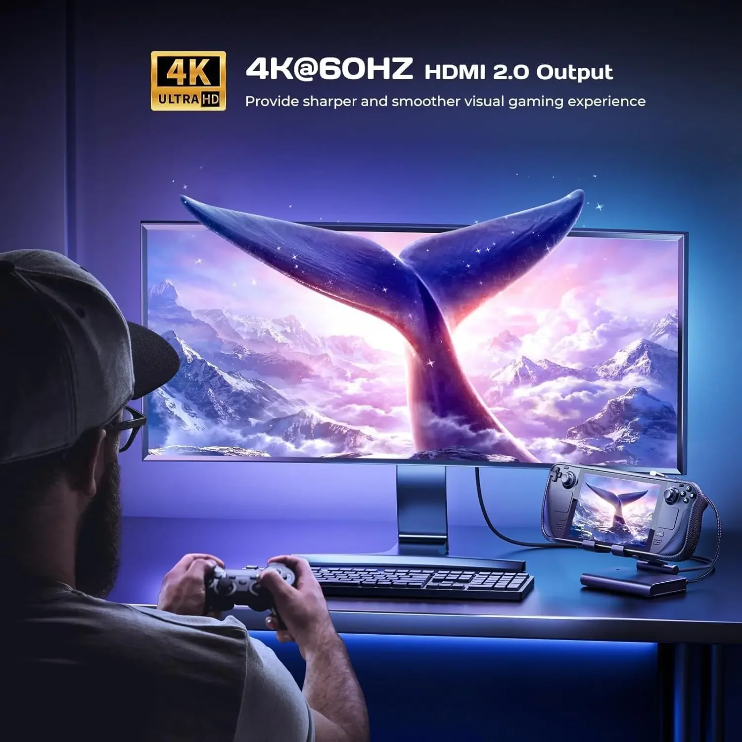 Steam Deck/ROG Ally X/Legion Go/MSI Claw용 도킹 스테이션, HDMI 4K@60Hz 3*USB-A 3.0 이더넷을 갖춘 6-in-1 조정 가능한 스탠드