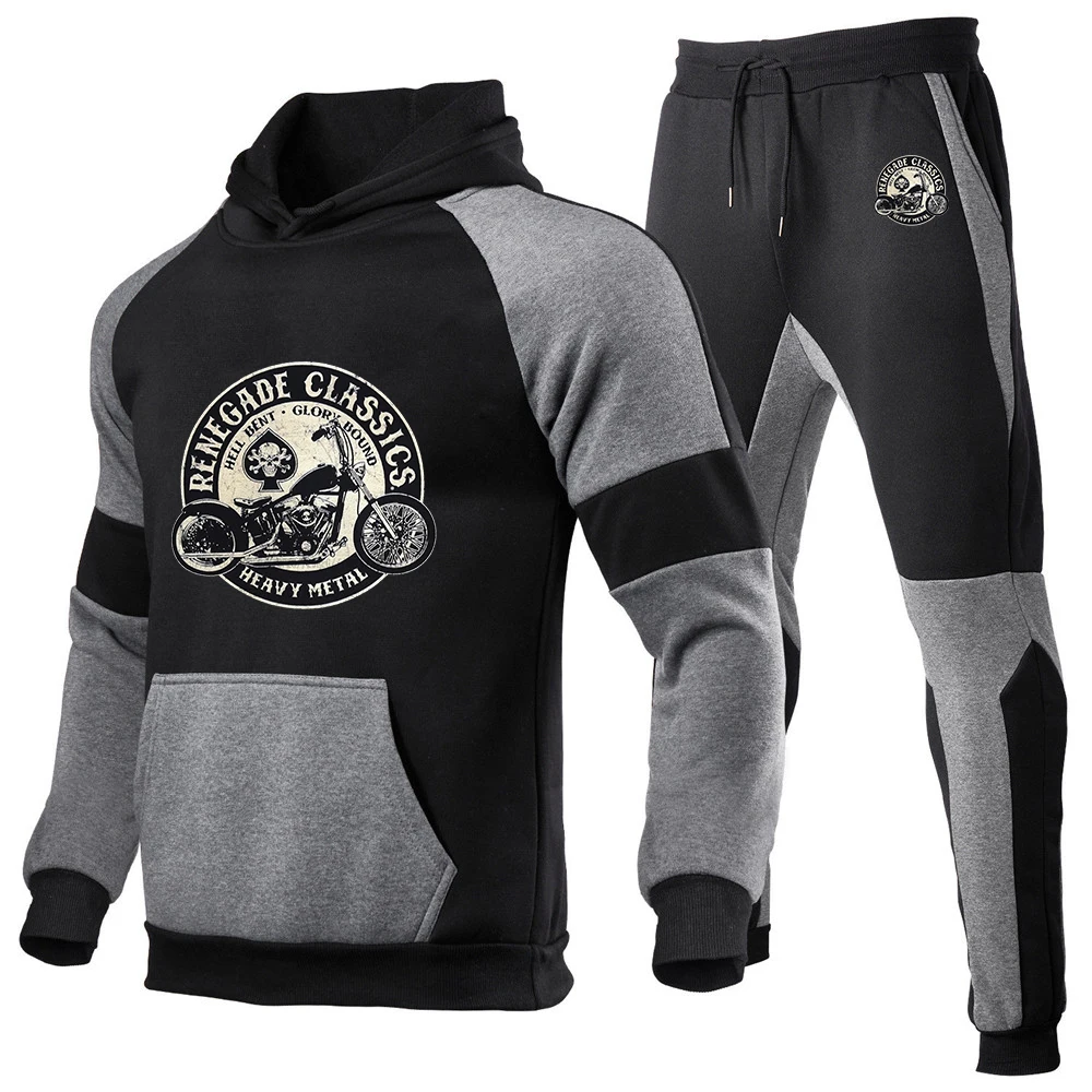Men's retro glory bouncing motorcycle American printed hooded sportswear stitching sweatshirt sweatpants suit