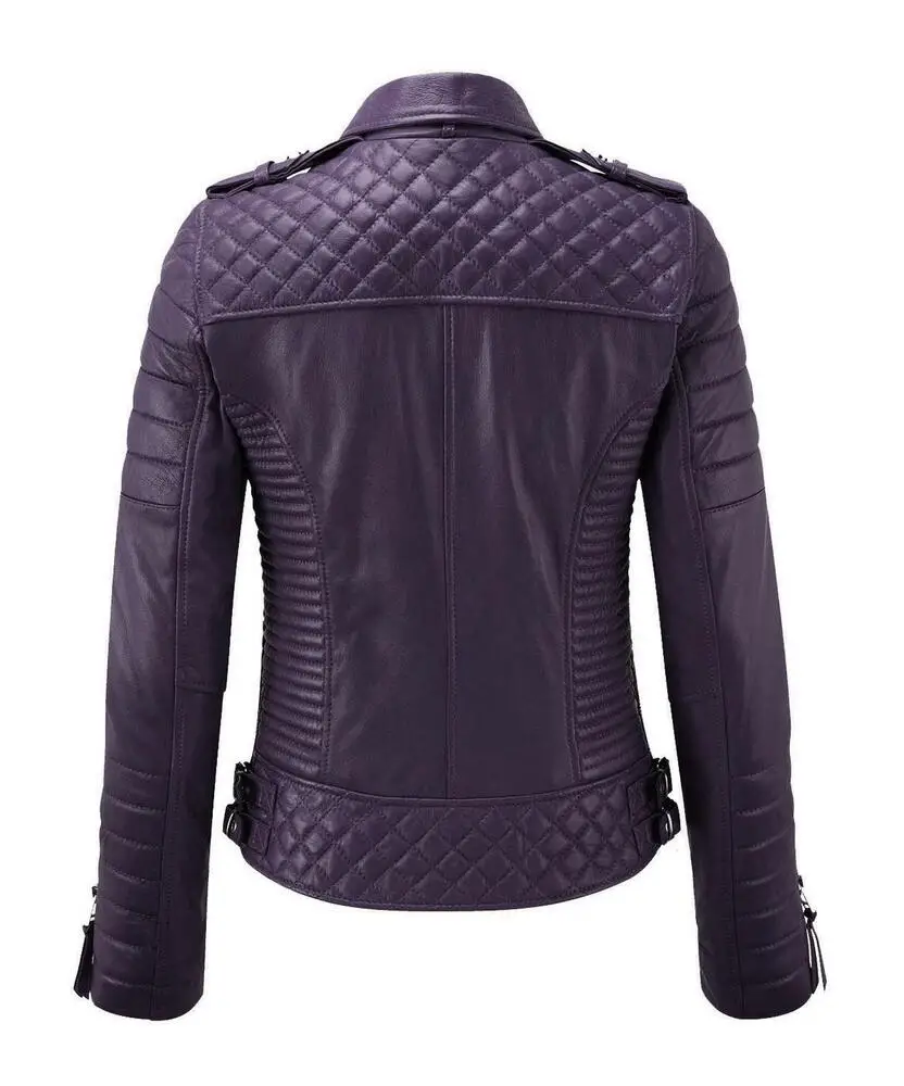 Women Leather Jacket Sheepskin Quilted Leather Motorcycle Biker Coat