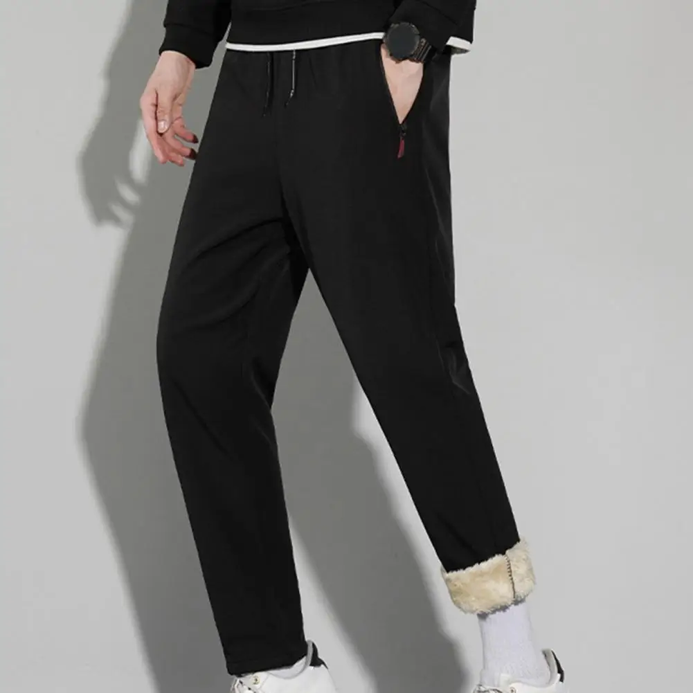 

Cozy Fleece Pants Thick Plush Warm Men's Sports Pants with Zipper Pockets Elastic Waist for Fall/winter Comfort Solid Color