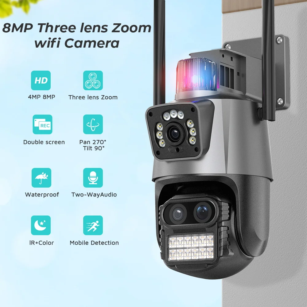 Caméra de surveillance extérieure PTZ IP WiFi 4K 8MP, dispositif de  sécurité sans fil, avec 3 objectifs, écran pour touristes, CCTV, police,  alarme