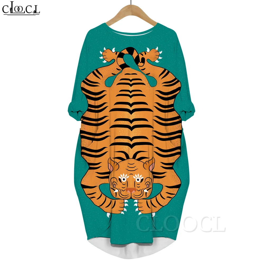 

CLOOCL Autumn 2022 Fashion Printed Dress Funny Tiger Worship Pose Pattern Long Sleeves Pocket Dress Loose Casual Party Dress