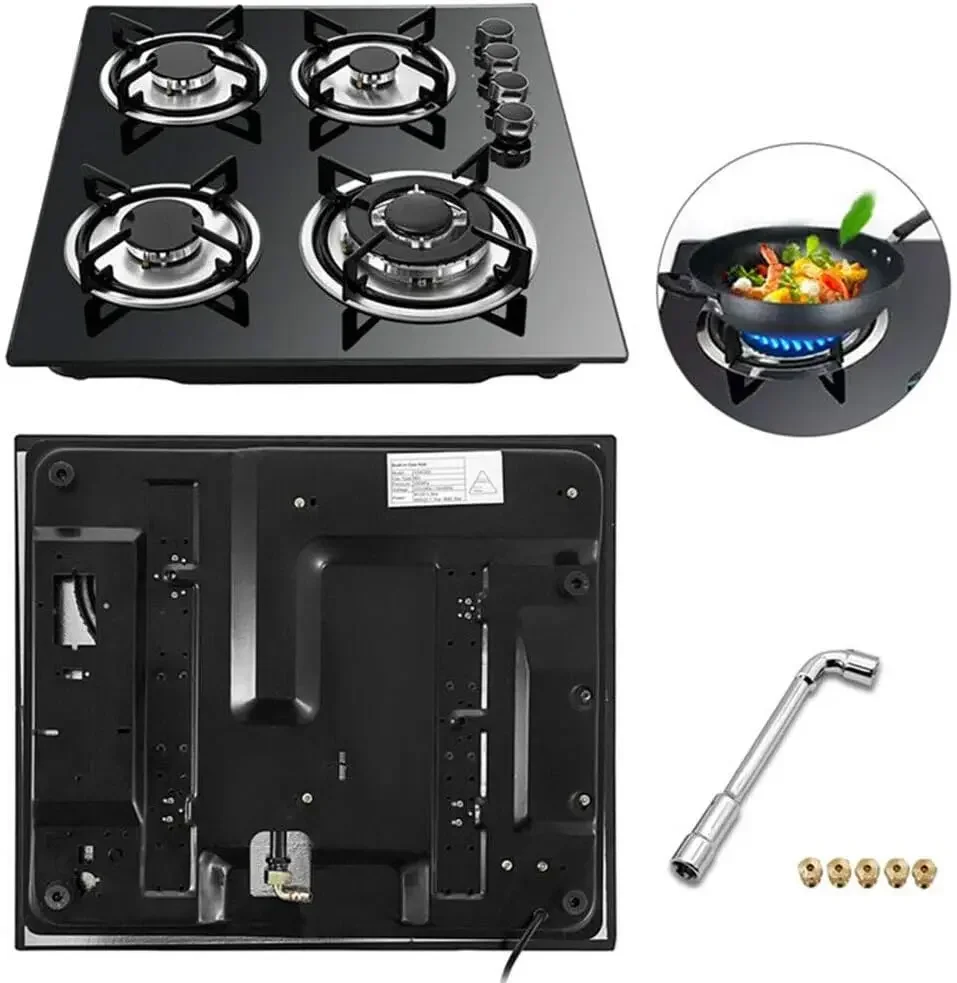 Gas Stove Cooktop Hob Panel Built In Gas Stove Tempered Glass Surface Stove Cooker LPG/NG Countertop Electronic Ignition Cast Ir 5