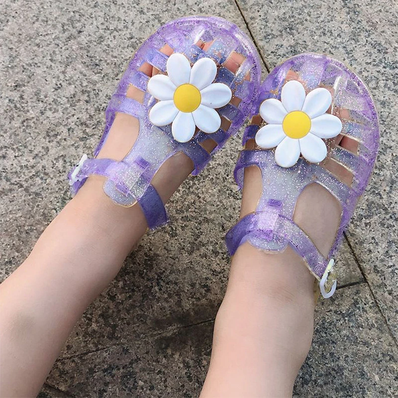 Little Girls Jelly Sandals Soft Sole Closed Toe Hollow 3D Daisy Beach Summer Shoes Princess Flat