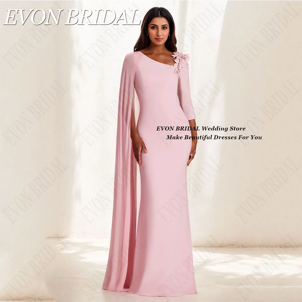 EVON BRIDAL Mermaid Celebrity Red Carpet Dresses V-Neck 3/4 Sleeve Satin Flowers Elegant فساتين سهرات Party Gowns With Cape 1