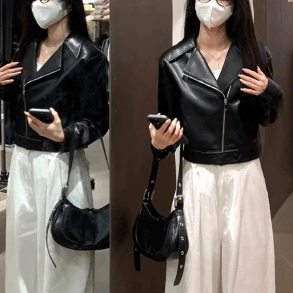 Sweet Pleated Leather Jacket Women Lapel Collar Outerwear Vintage PU Coats Korean Chic Zipper Overcoat Autumn/Winter