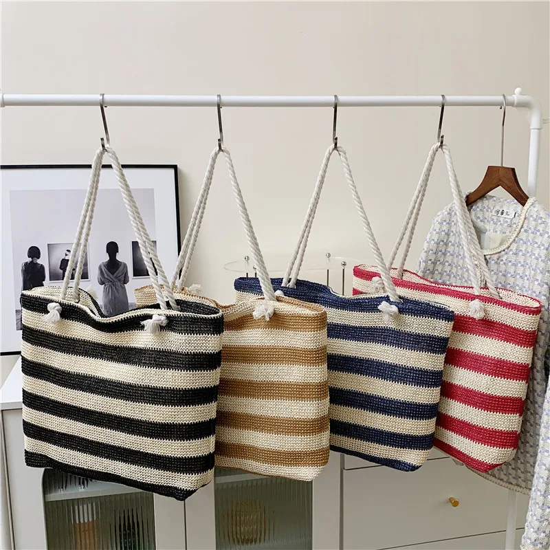New Trendy Striped Knitted Mini Tote Bag Women Girl Casual Shoulder Bag Student Handbag Retro Canvas Bucket Bag Purse
