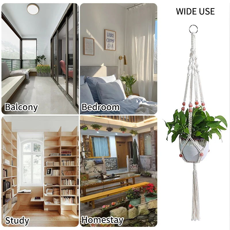 W5 - Cintre de Pot de Fleurs en Macramé Fait à la Main, Poche en Filet,  Support de Plante Verte, Pour Décorat