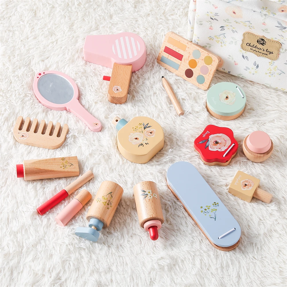 Baby Wooden Pretend Play Makeup Toys Simulation Cosmetics Set Girls Play House Hairdressing Simulation Make Up Preschool Toys 3