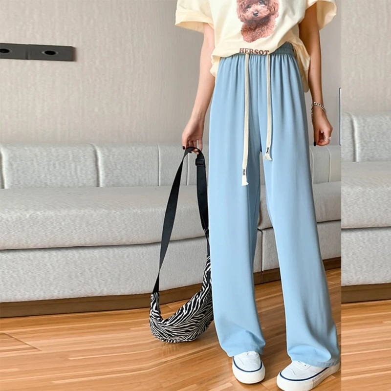 

Womens Solid Macaroon-color Full Length Straight Panties Wide-leg Jokers Casual Soft Suit Pantie Spring Summer Trousers