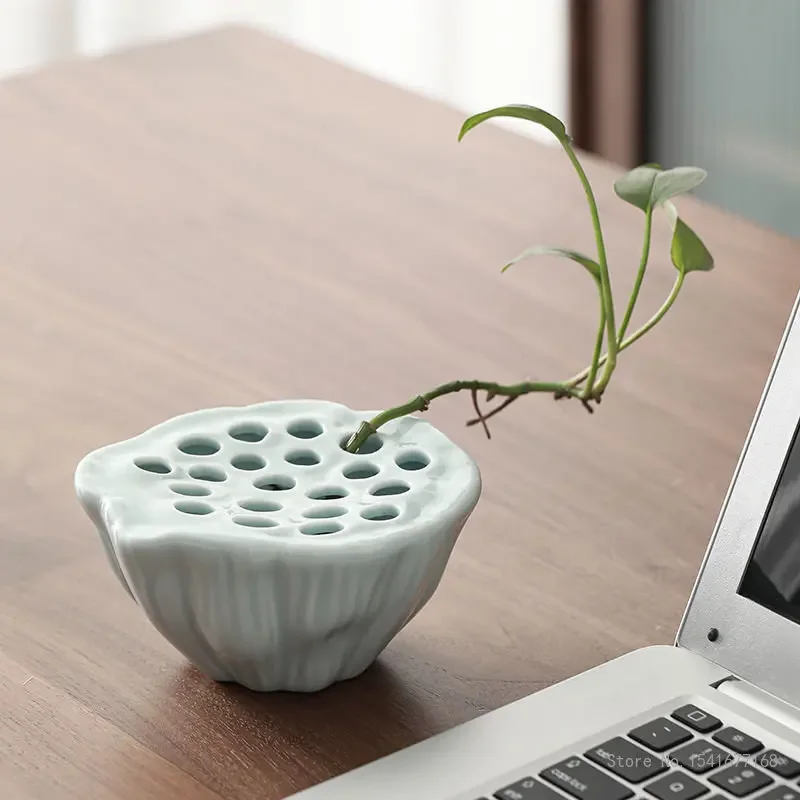 Celadon Lotus Mini Vase Utensil Zen Chinese Home Bedroom Handicraft Living Room Art Desk Decoration Ceramic Flower Arranging 1pc