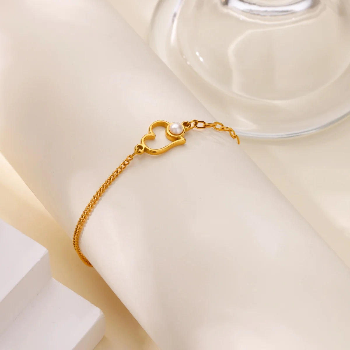 Zircon Pearl Heart Bracelet for Women Gold Color Stainless Steel