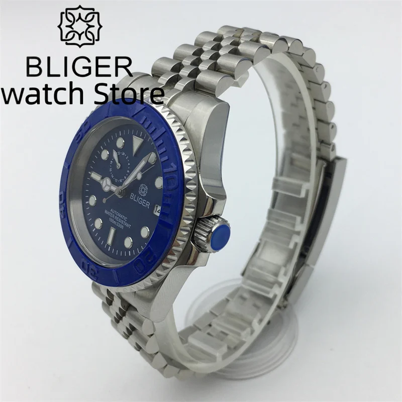 BLIGER 40mm NH37Luxury Blue Luminous Dial Men's Automatic Watch Sapphire Glass Date Ceramic bezel/Silver Jubilee/Oyster Bracelet