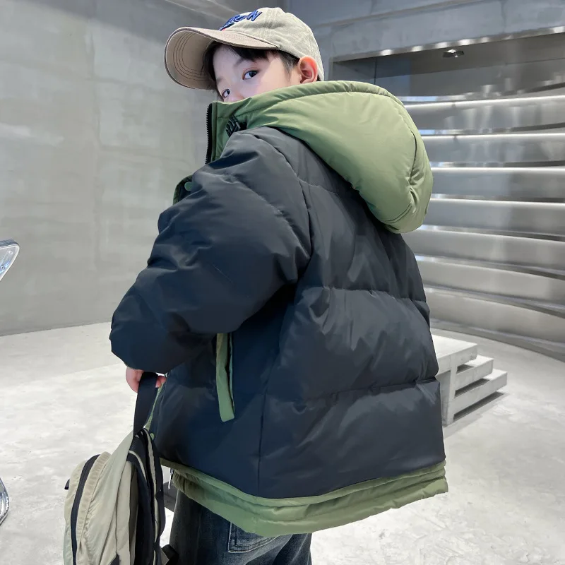 Winter Warm Boys Contrast Patchwork Cotton Lined Hooded Zip Jackets School Kids Thick Coats Children Outfits Windbreaker 5-16 Yr