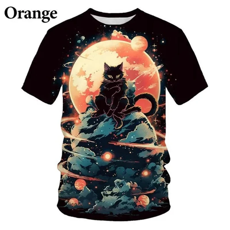 Moon Planet 3D Printing T-Shirt Cute Cat On The Moon T Shirt Funny Casual Fashion Pet Cat Tops Tees Washed Graphic Tee Cheap