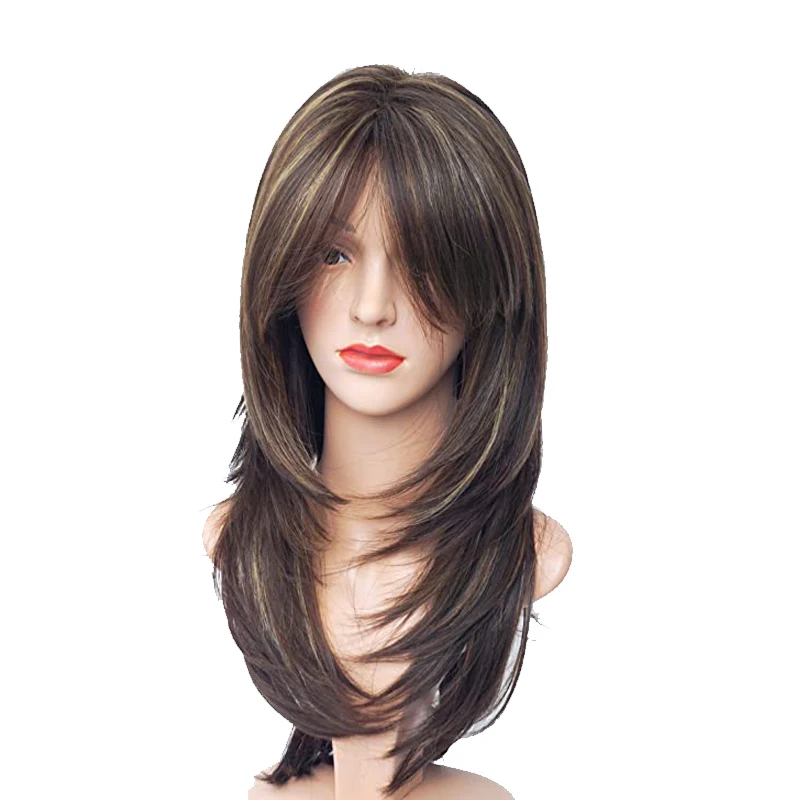 

WHIMSICAL W Long Synthetic Natural Wave Wig for Women Ombre Black Brown Blonde Wigs with Bangs Cosplay Heat Resistant Hair