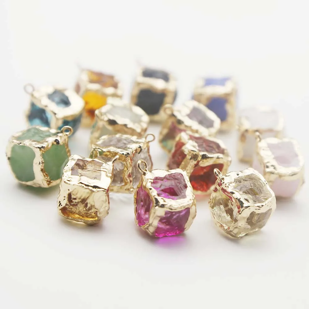 New Cross Border Multi Color Gold Cube Edge Pendant Crystal Glass Gold Edge Diy Jewelry Keychain Accessories 10Pcs Free Shipping