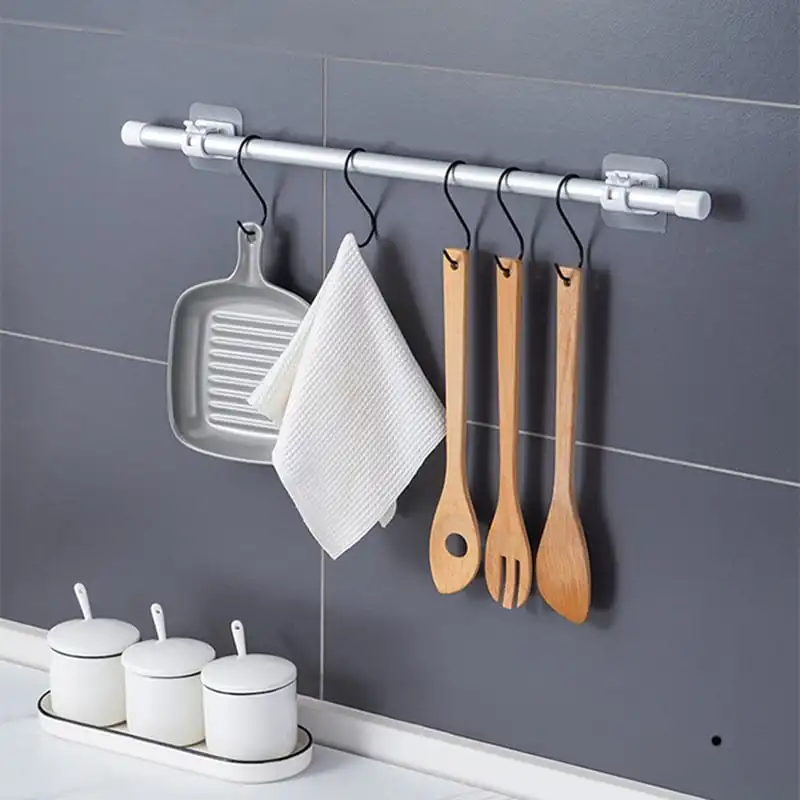 Nail-Free Adjustable Curtain Rod Holder Clamp Hook Rod Bracket Holders Adhesive Wall Curtain Fixed Clip Hanging Rack Hook