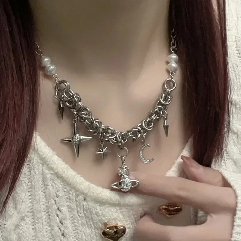 

Fashion Saturn Pendant Punk Fashion Moon Star Necklace Accessory Set for Woman Girl Bar Party Jewelry