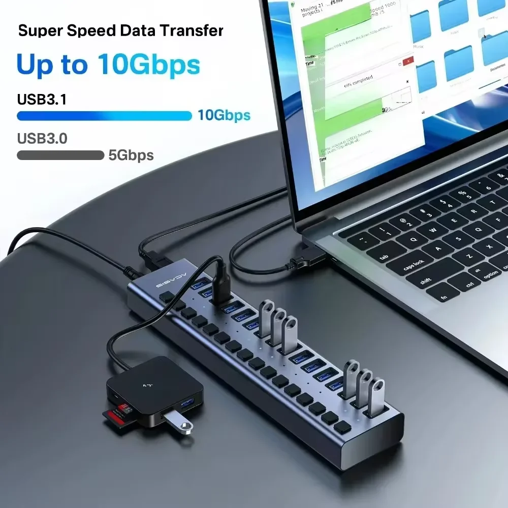 Hub USB 3.0 7 Porte In Alluminio Con Cavo 120 Cm – 5 Gbps Ad Alta Velocità, Compatibile Con PC, Laptop, Chiavette E Hard Disk