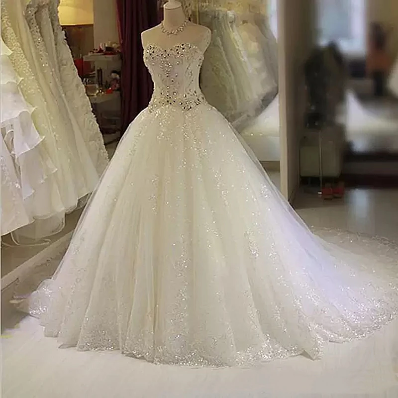 

Princess Beaded Crystals Wedding Dress Glitter Sequined Tulle Sweetheart Neckline Sleevleess Princess Ivory White Bridal Gowns
