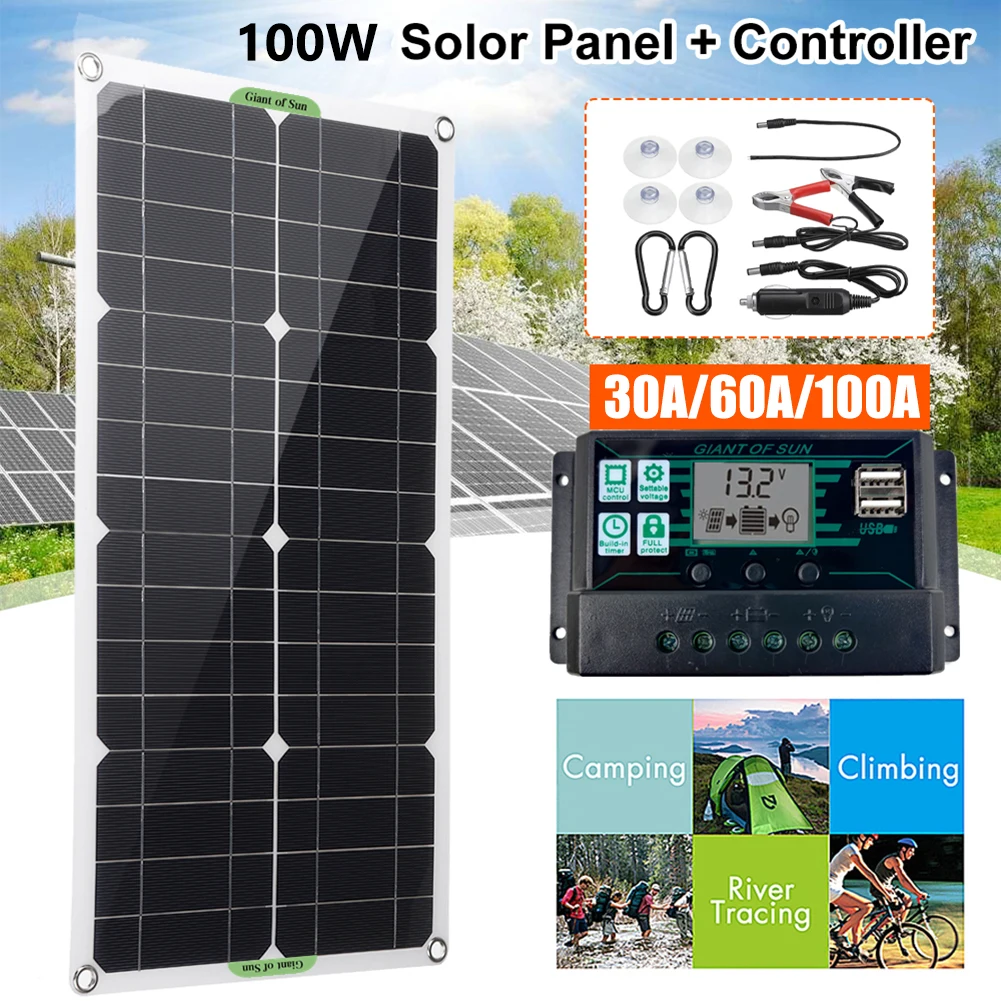 100W Solar Panel Kit with 100A Controller Outdoor Solar Cell Dual USB Output for Car Yacht RV Boat Mobile Phone Charger Supplies