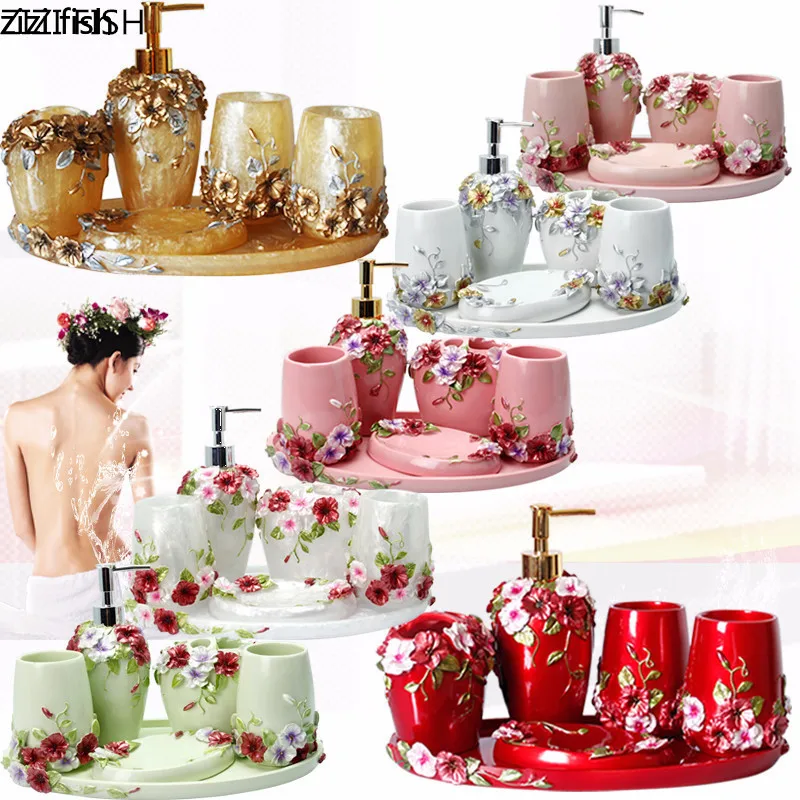 Resin Bathroom Accessories Set Lotion Bottle Toothbrush Holder Mouthwash Cup Soap Box Storage Tray Household Bathroom Supplies bathroom accessories