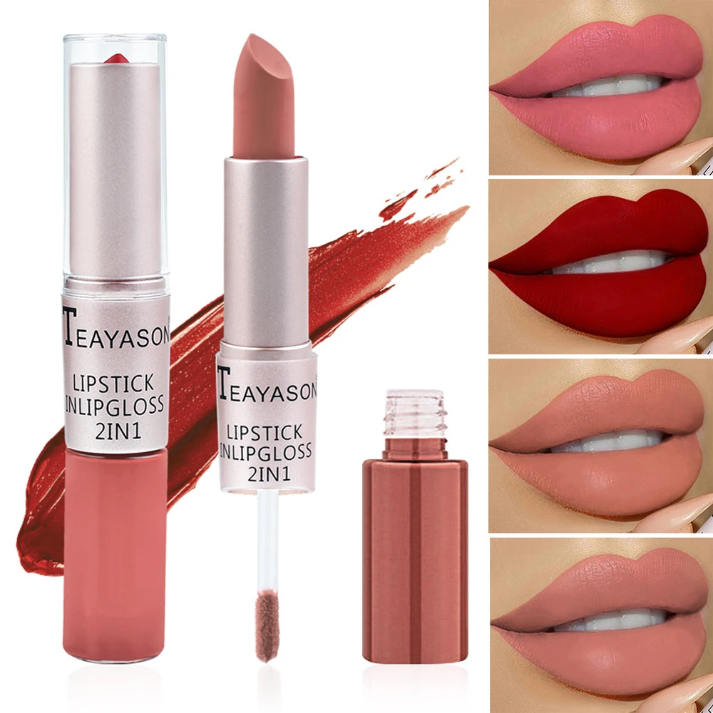 2-in-1 Matte Red Lipstick  Gloss - Long Lasting Velvet Waterproof Makeup