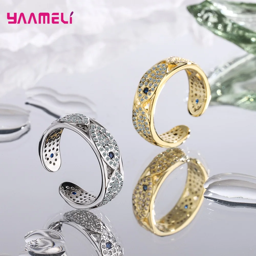 

925 Sterling Silver Women Men Couples Finger Rings Shining CZ Crystal Cubic Zircon Inlay Paved Eyes Design Opening Band Jewelry