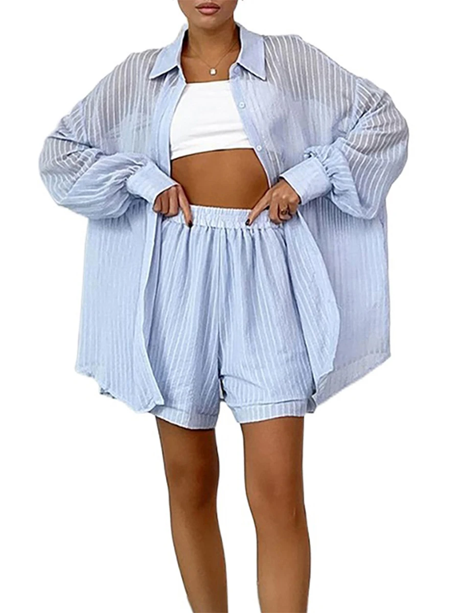 

Women Summer Shorts Outfits Textured Vertical Stripe Turn-Down Collar Long Sleeve Loose Shirts Tops Shorts 2 Pieces Clothes Set