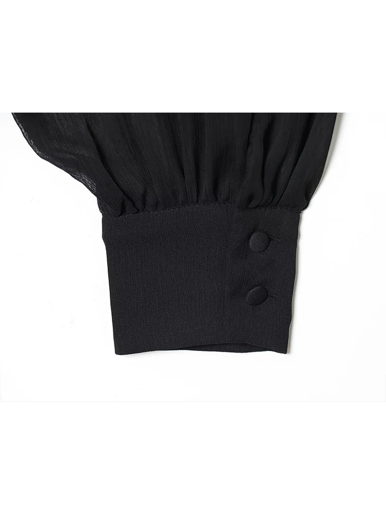 Spring New Women Shirt Chic Lace Up Halter Collar  Fashion Elegant Long Sleeve Tops Solid Female Sexy Sheer High Street Blouse