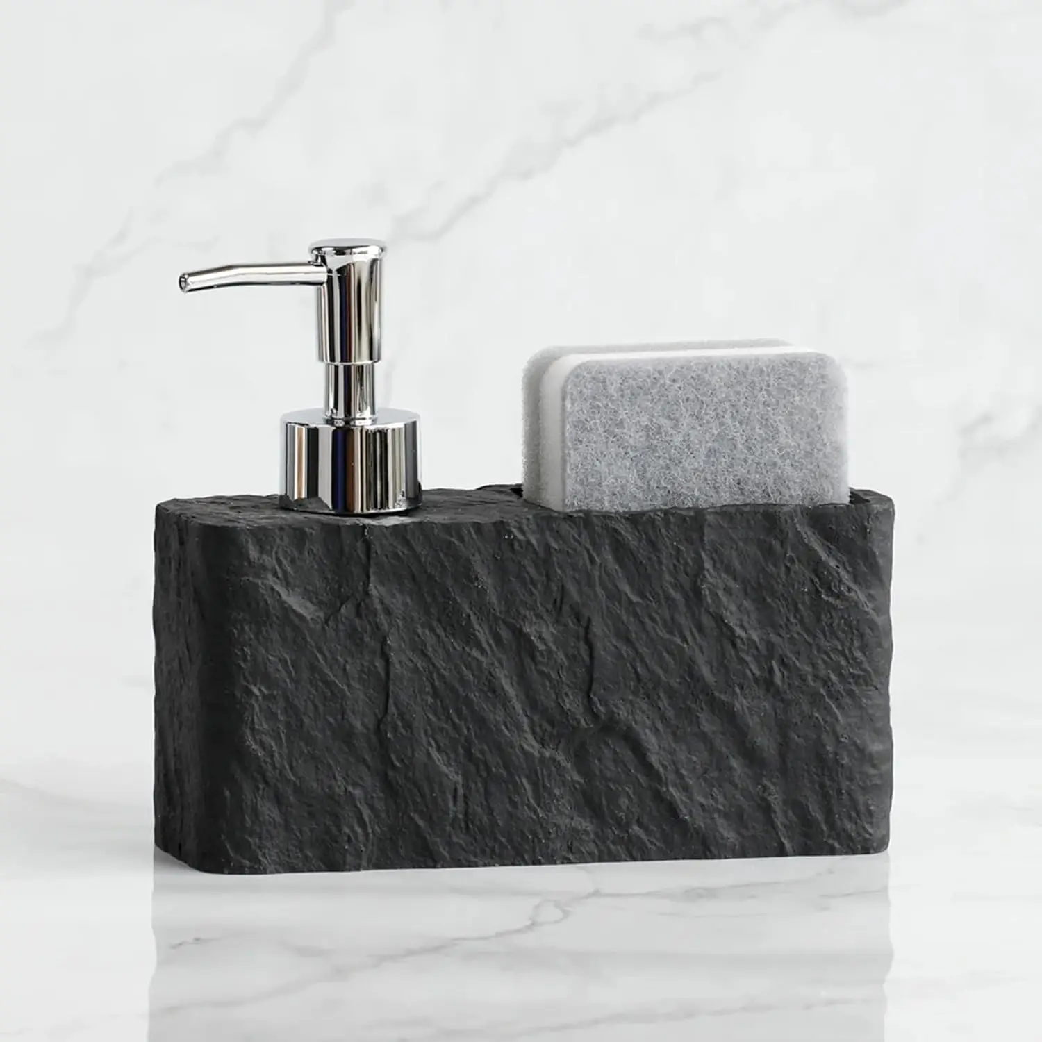 Kitchen Soap Dispenser with Sponge Holder, 2-in-1 Resin Stone Texture Dish Soap Pump and Caddy Organizer for Kitchen 2