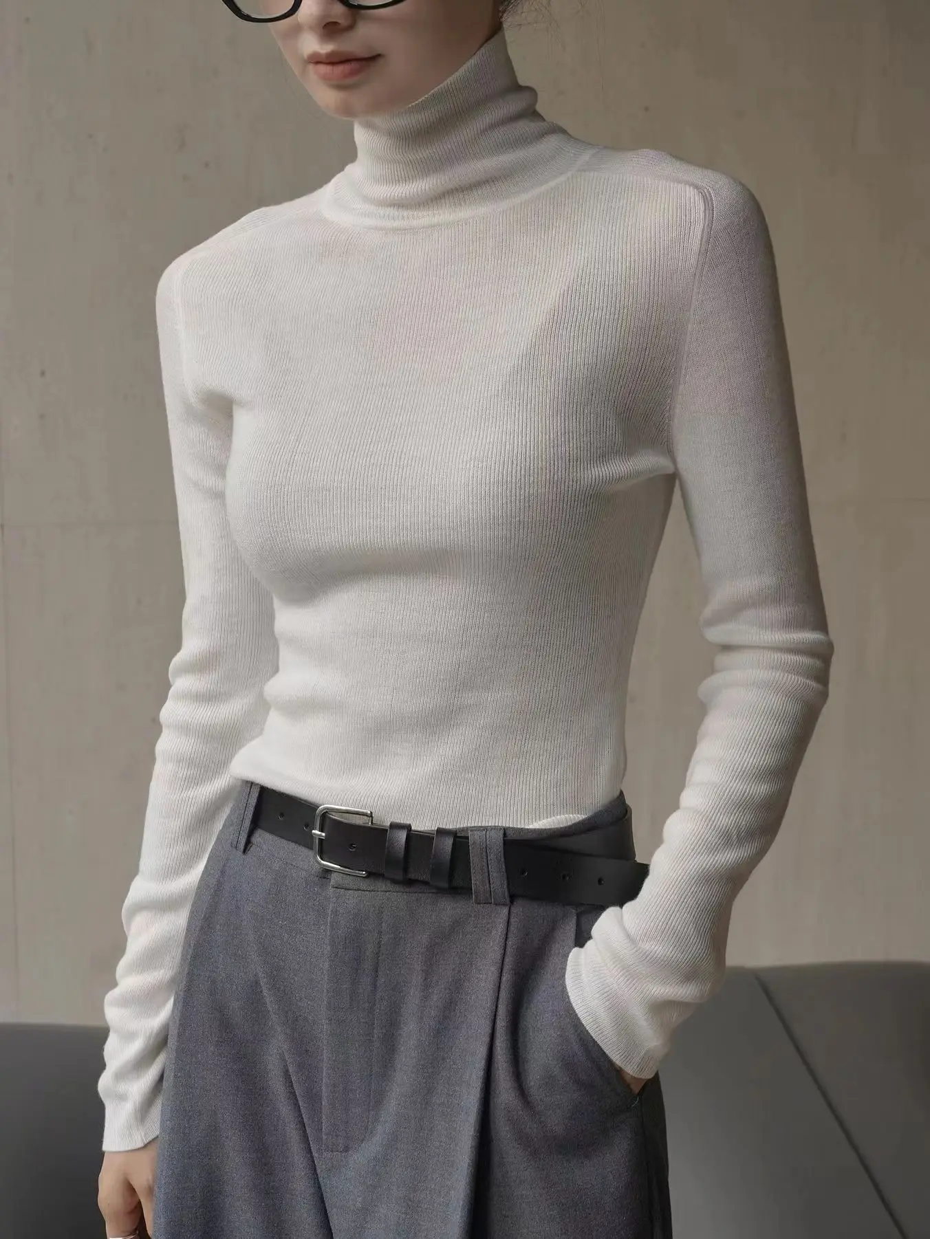 Women's High Neck Long Sleeve Wool Sweater, Slim Fit, Monochromatic, Casual, Autumn, Winter 2