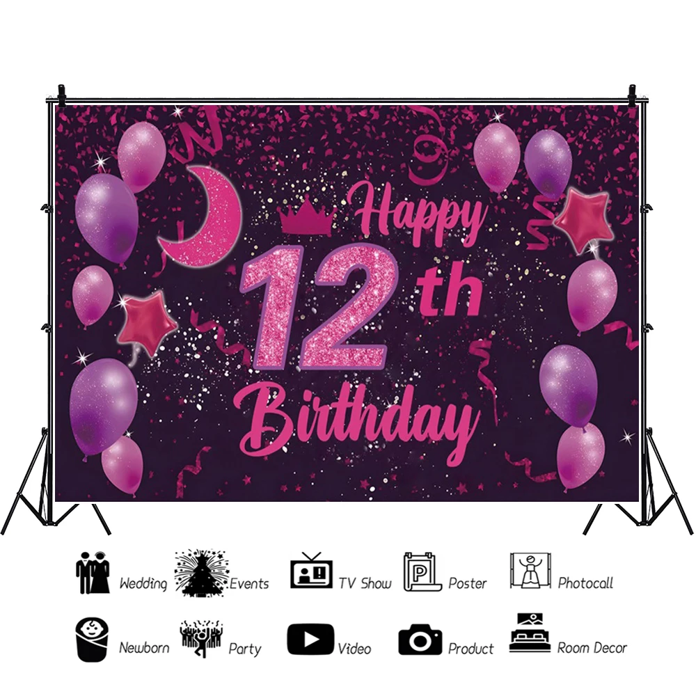 Paarse 12 verjaardag meisje vleermuis mitswa achtergrond decoraties 12e  twaalf jaar oude partij ster maan glitter ballonnen foto achtergrond -  AliExpress, image size:1000x1000