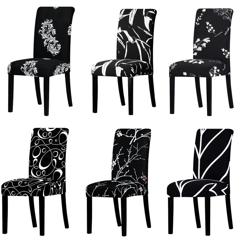 Black Flower Printed Chair Cover Washable Big Elastic Kitchen Chair