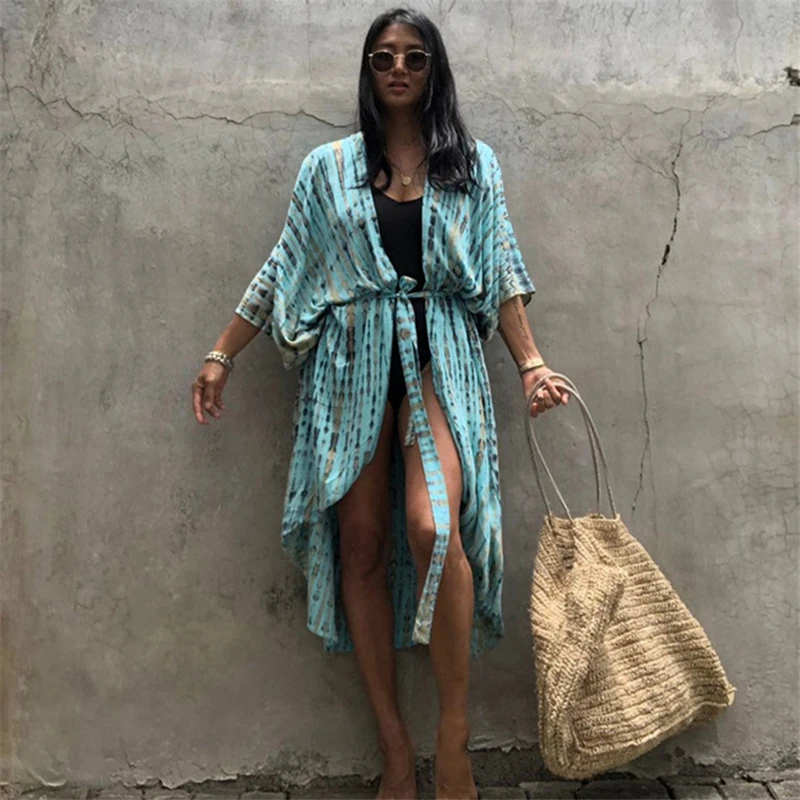 

2023 Beach Wear Summer Sales Cover Ups for Swimwear Women Print Swimsuit Cape Dress Oversized Long Cardigan Kimono Belt