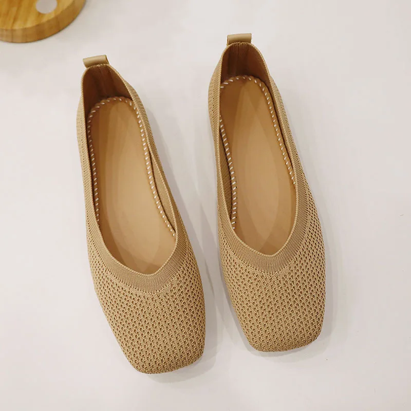 Women's Solid Flat Shoes Women Soft Comfortable Ballet Boat Sneakers Simple Knitted Square Toe Shallow Breathable Office Flats