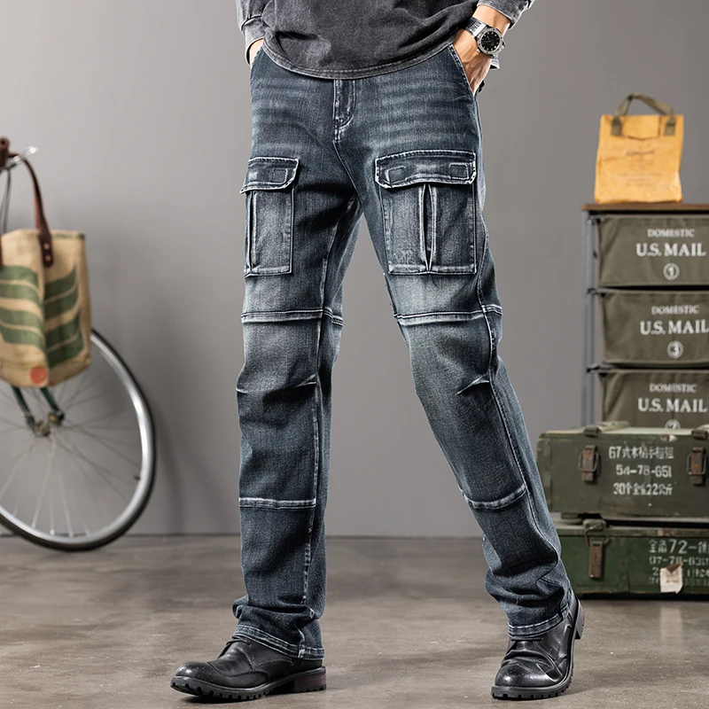 Autumn and winter new styles Men's Outdoor Wide Leg Workwear Multi-Pocket Jeans Straight fit plus size men's jeans  42 44 3