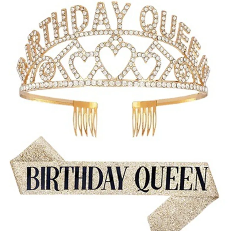 

New European and American Diamond Letter BIRTHDAY QUEEN Birthday Girl Crown Etiquette Belt Party Headwear Hair Accessories Set