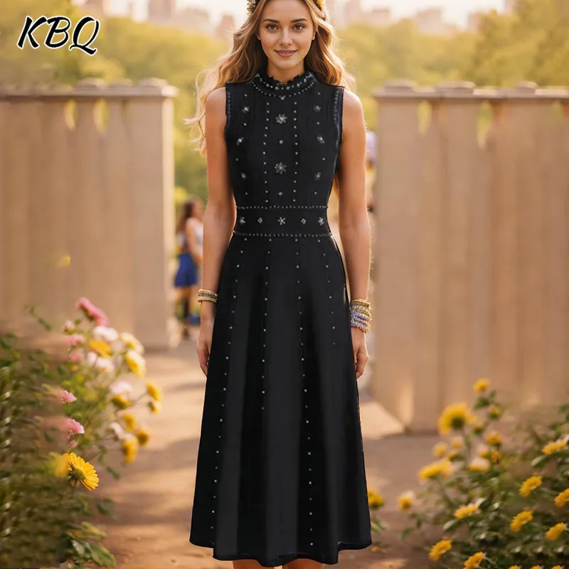 

KBQ Vintage Temperament Dresses For Owmen Round Neck Sleeveless High Waist Solid Elegant A Line Dress Female Fashion Clothes New