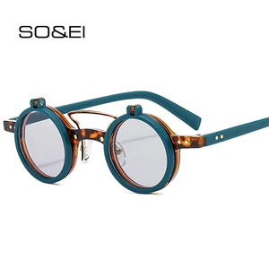 Популярные Модные маленькие круглые женские солнцезащитные очки с двойной перемычкой в стиле панк от SO & EI Ins солнцезащитные очки в стиле ретро с откидными линзами UV400 Мужские солнцезащитные очки с заклепками