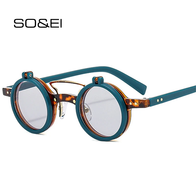SO&EI Ins Popular Fashion Small Round Punk Double Bridges Women Sung Retro Flip Lens Shades UV400 Men Rivets Sun_voghion.com