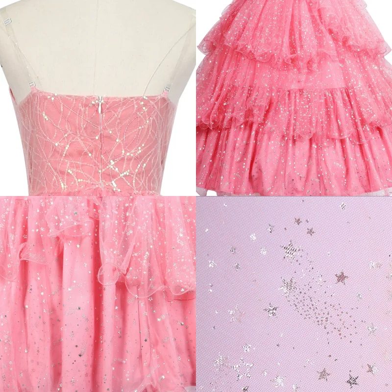 UniqKaliber Feeënprinsessenjurk voor dames, roze glinsterende baljurk met sterren voor Halloween, cosplay, feest
