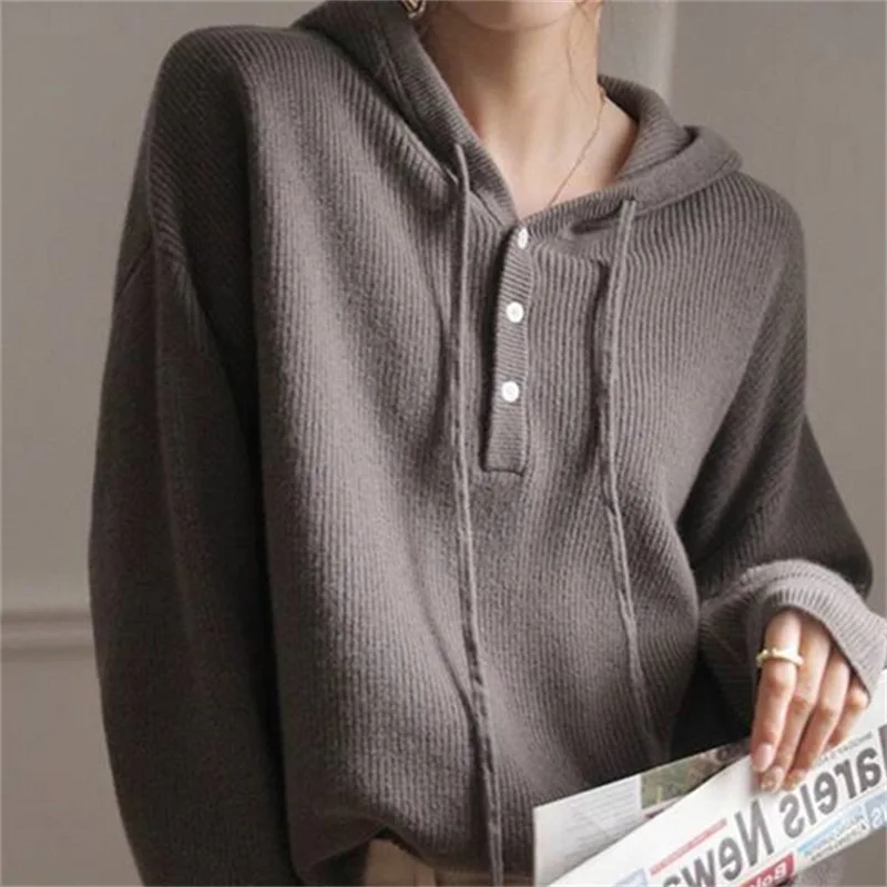 

Hooded knit women's winter wear new lazy style top V-neck knitted pullover sweater
