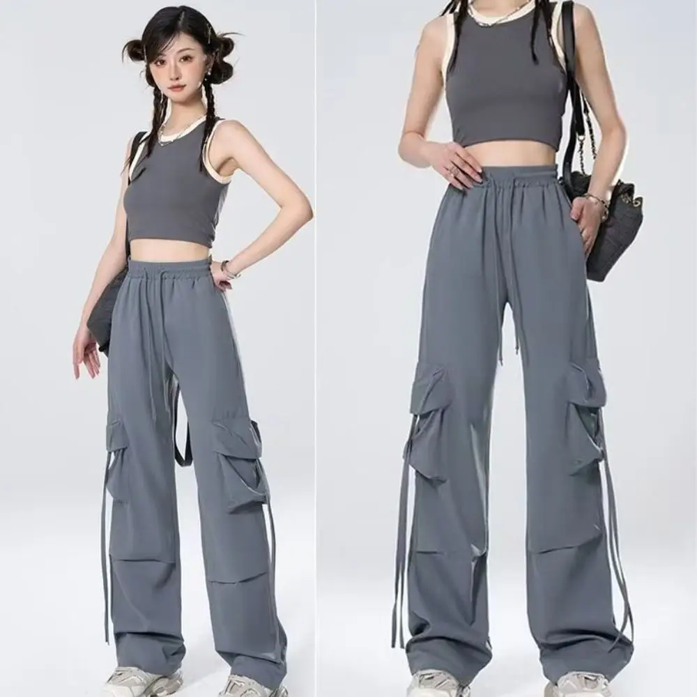 Drawstring Wide Leg Sweatpants Multi-pockets Oversized Baggy Cargo Pants High Waisted Y2K Women Joggers Trousers Sports