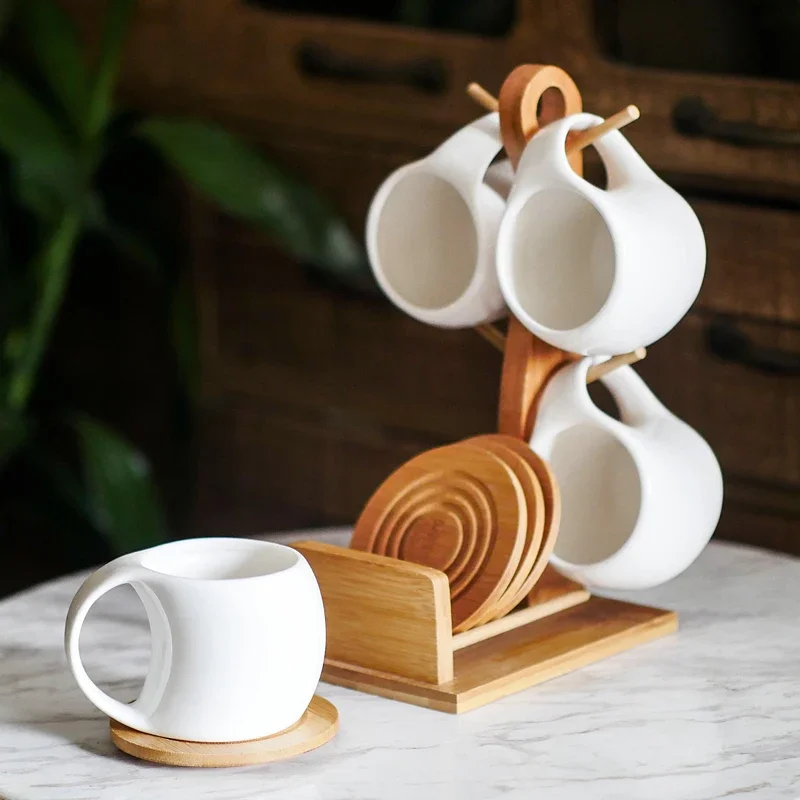 Ceramic coffee cup set Four-piece creative cup and saucer with bamboo frame combination coffee Mugs kitchen accessories coffee set