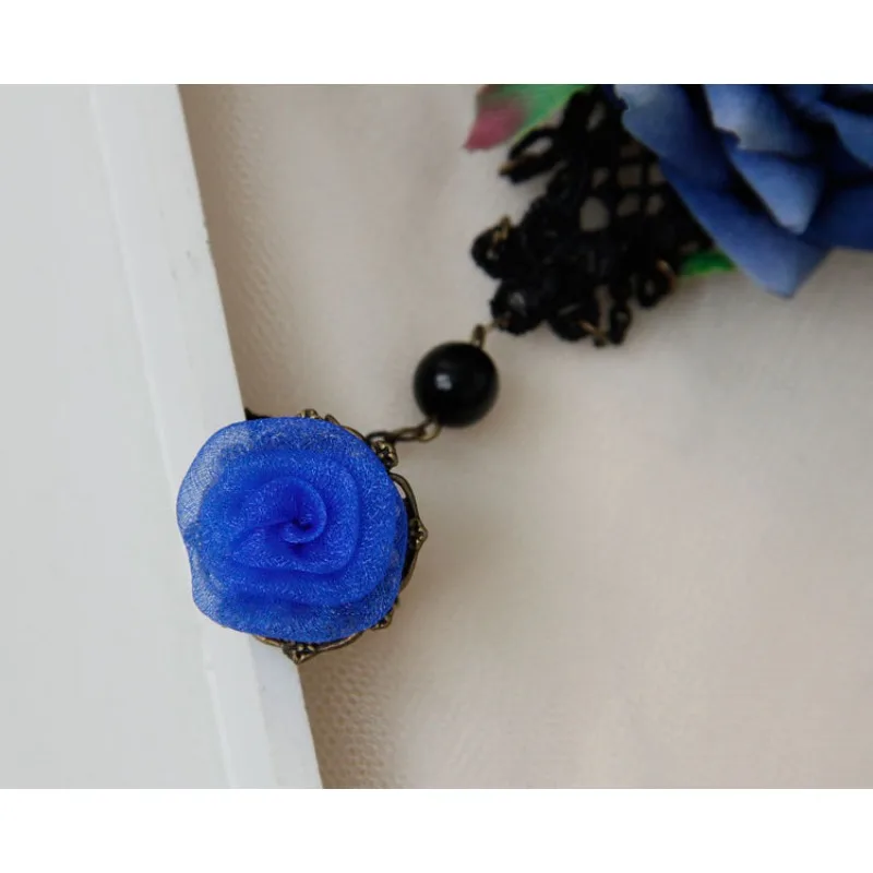 Blue Fairy Rose Hollow Lace New Bracelet with Ring Halloween Ball Accessories Punk Jewelry Chain Tassel Cosplay Props