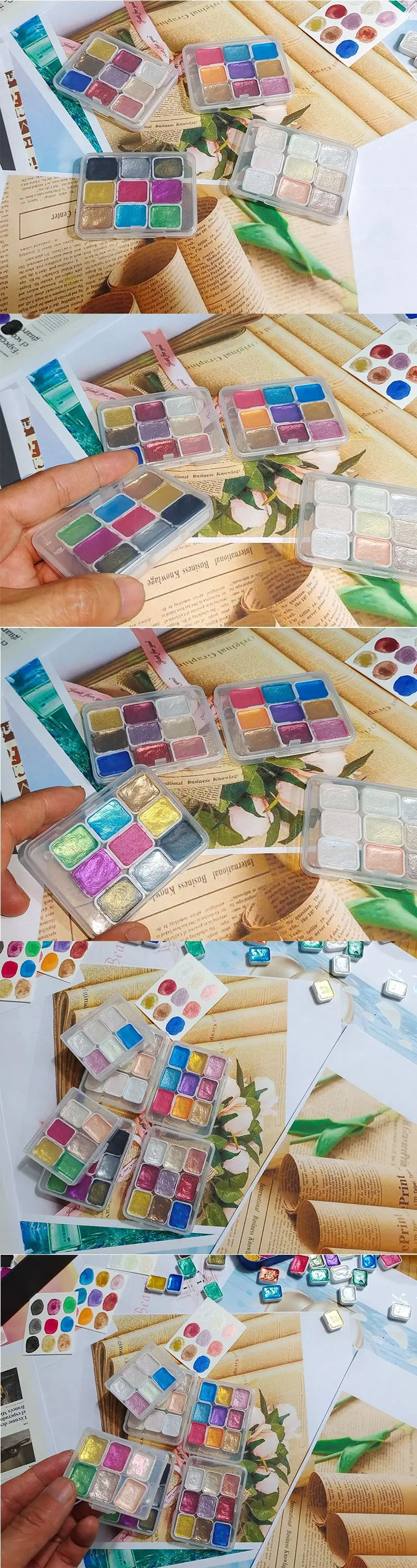 6/9pcs Nail Solid Pigment Aurora Pearly Nail Art Aquarell Metallic Palette Paint Draw Chrome Glitter Pulver Blumen Nails Set – Detail 6