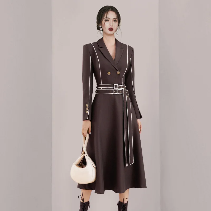 

Brown Formal Women Suits Wind-Breaker Long Jacket With Belt Prom Dress Double Breasted Office Lady Trench Coat In Stock