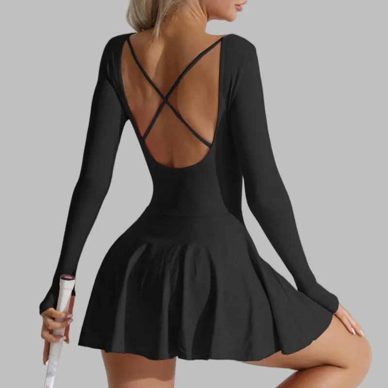 Sean Tsing Women Tennis Dresses Long Sleeve Backless Golf Wear Built in Shorts Athletic Workout Sports Fitness Rompers Vestidos